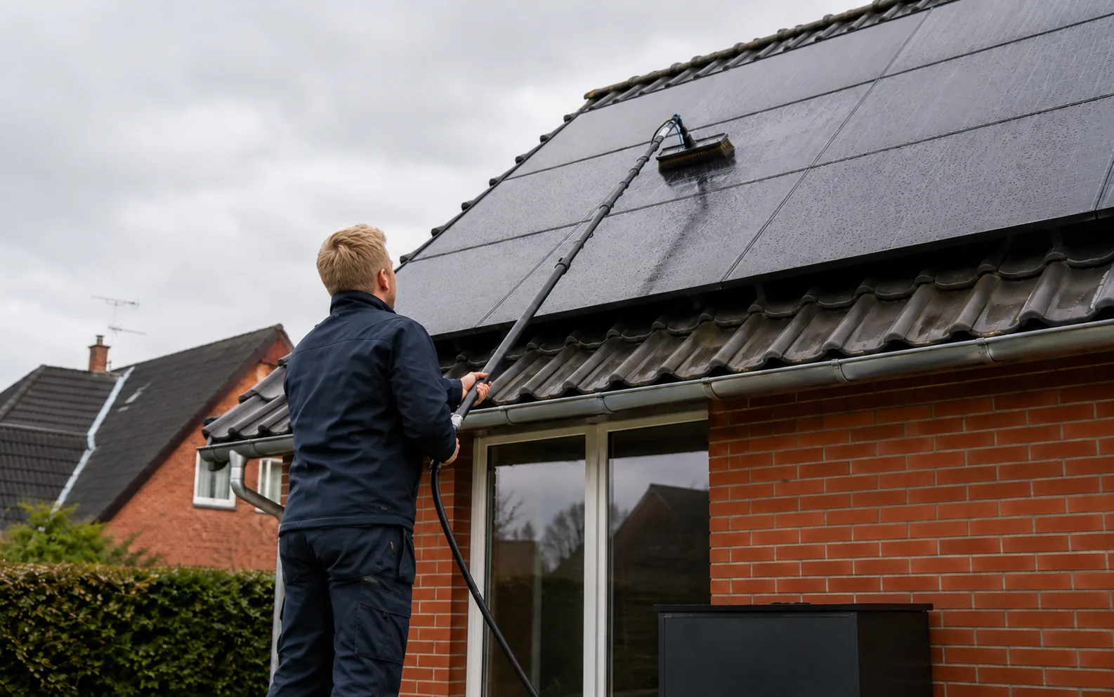 Solcellevask — solcellevask med rentvand og teleskopstang på dansk villa